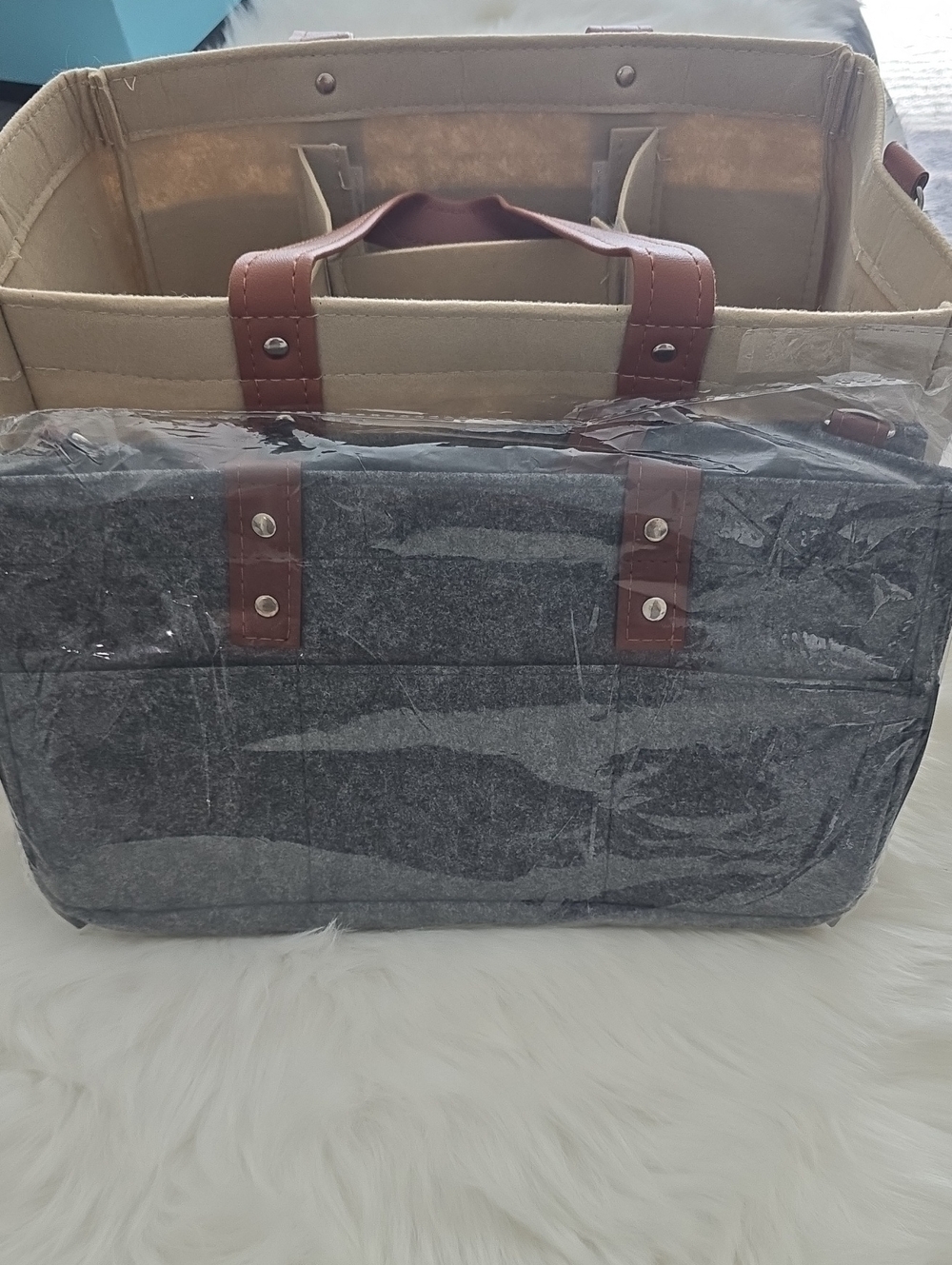 Adjustable,  Gray, Canvas_ Felt Tote Organizer  Or Doggy Bag with Brown Handles!